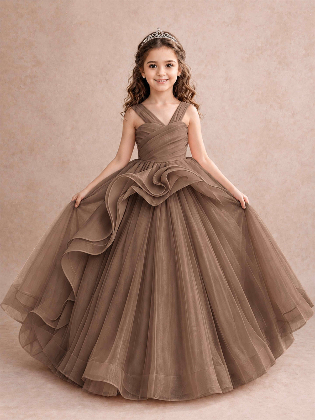 V Neck Girls Pageant Dress Ruffled Puffy Tulle Flower Girl Gown for Wedding Birthday Party