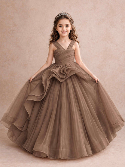 V Neck Girls Pageant Dress Ruffled Puffy Tulle Flower Girl Gown for Wedding Birthday Party