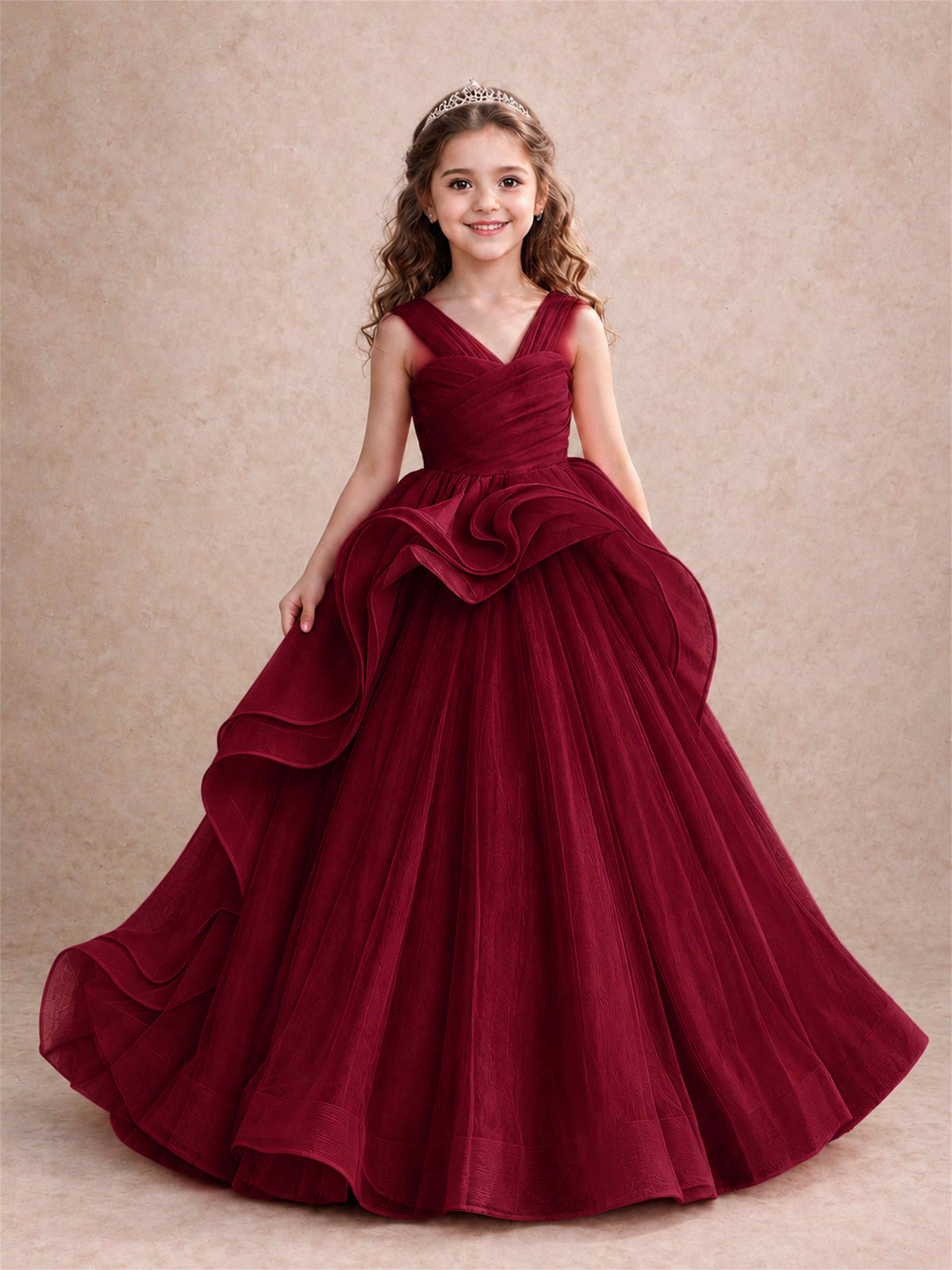 V Neck Girls Pageant Dress Ruffled Puffy Tulle Flower Girl Gown for Wedding Birthday Party