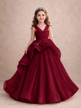 V Neck Girls Pageant Dress Ruffled Puffy Tulle Flower Girl Gown for Wedding Birthday Party