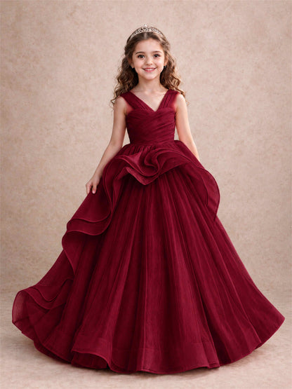 V Neck Girls Pageant Dress Ruffled Puffy Tulle Flower Girl Gown for Wedding Birthday Party