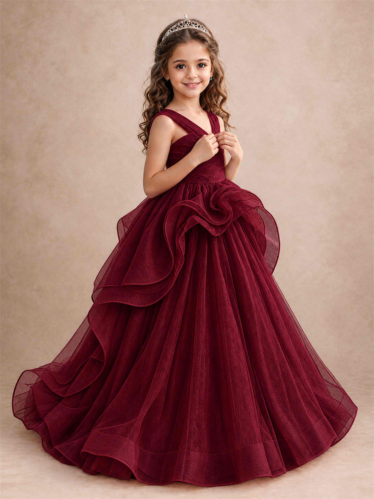 V Neck Girls Pageant Dress Ruffled Puffy Tulle Flower Girl Gown for Wedding Birthday Party