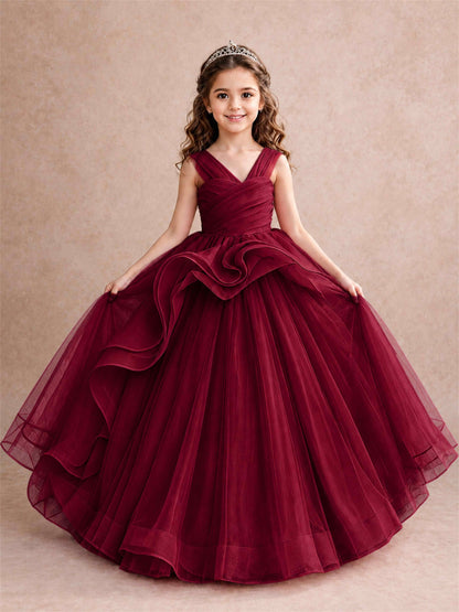 V Neck Girls Pageant Dress Ruffled Puffy Tulle Flower Girl Gown for Wedding Birthday Party