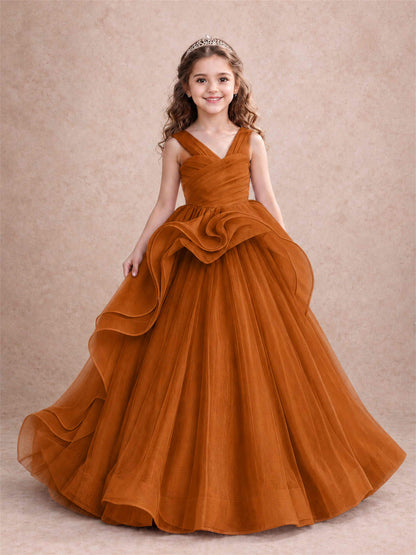 V Neck Girls Pageant Dress Ruffled Puffy Tulle Flower Girl Gown for Wedding Birthday Party