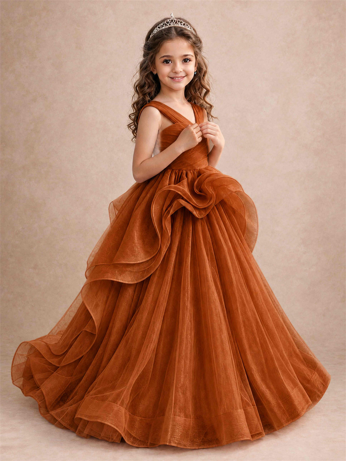 V Neck Girls Pageant Dress Ruffled Puffy Tulle Flower Girl Gown for Wedding Birthday Party