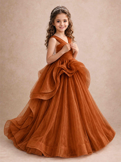 V Neck Girls Pageant Dress Ruffled Puffy Tulle Flower Girl Gown for Wedding Birthday Party