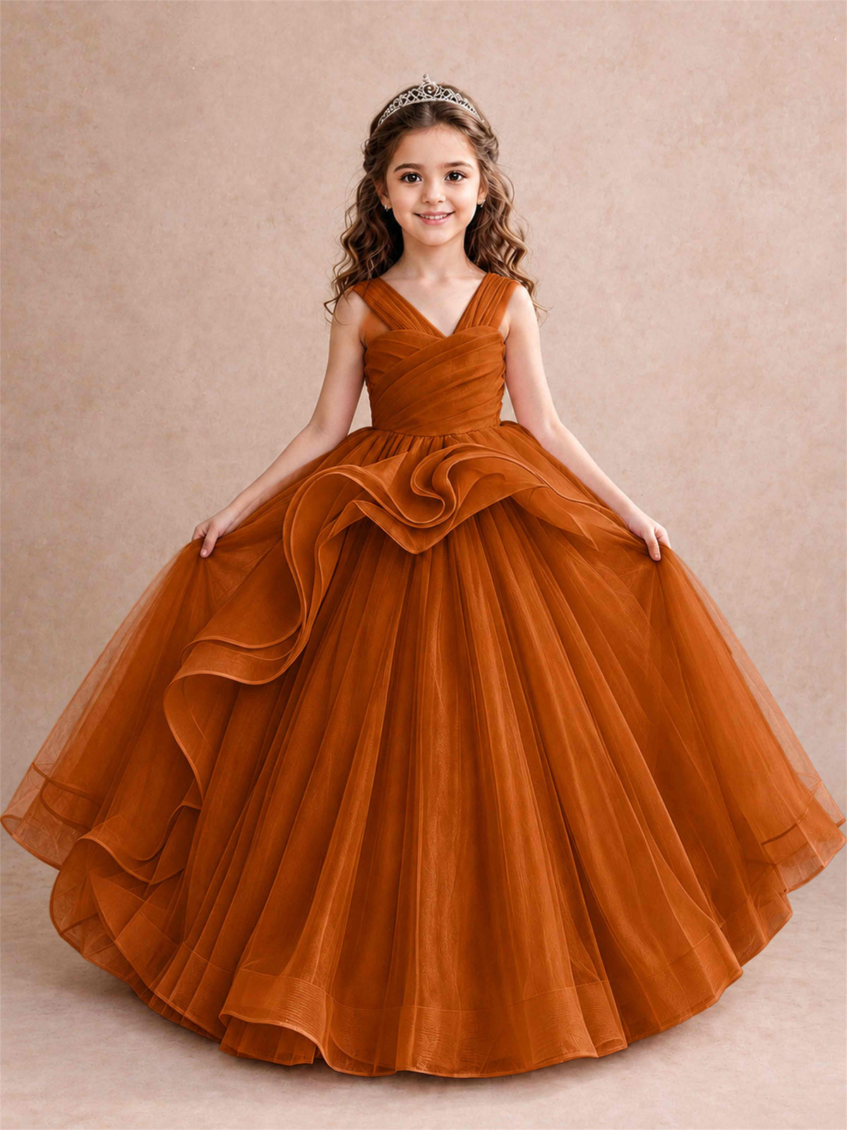 V Neck Girls Pageant Dress Ruffled Puffy Tulle Flower Girl Gown for Wedding Birthday Party