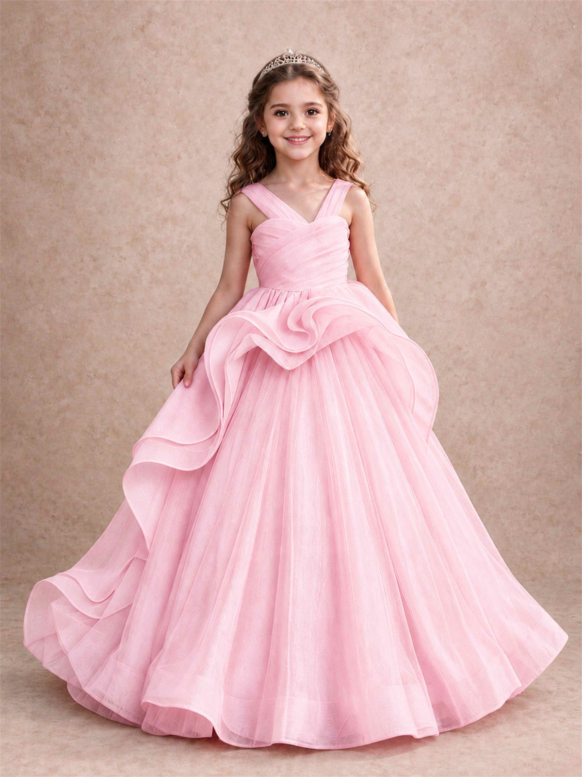 V Neck Girls Pageant Dress Ruffled Puffy Tulle Flower Girl Gown for Wedding Birthday Party