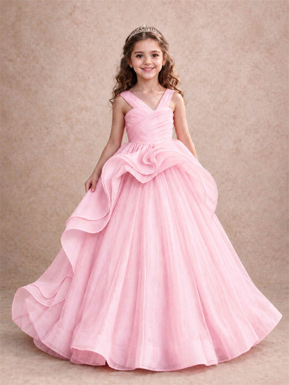 V Neck Girls Pageant Dress Ruffled Puffy Tulle Flower Girl Gown for Wedding Birthday Party