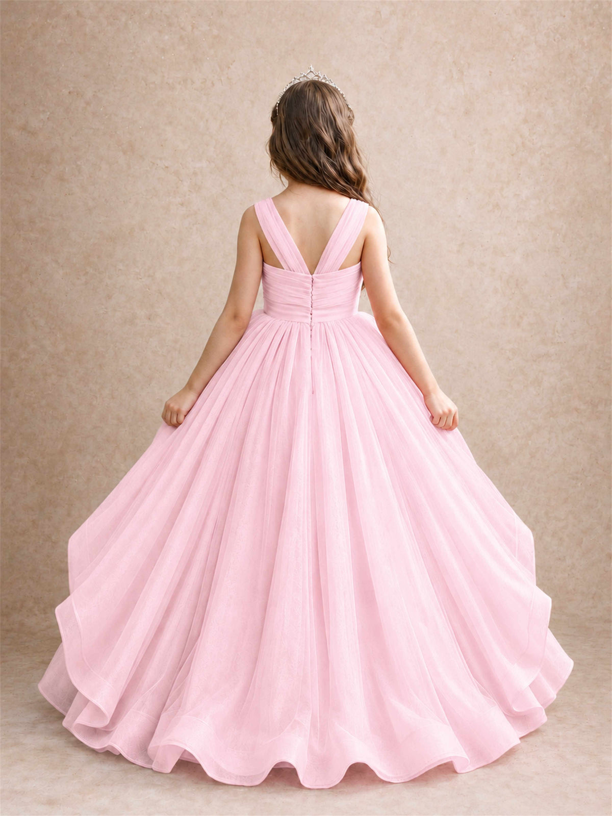 V Neck Girls Pageant Dress Ruffled Puffy Tulle Flower Girl Gown for Wedding Birthday Party