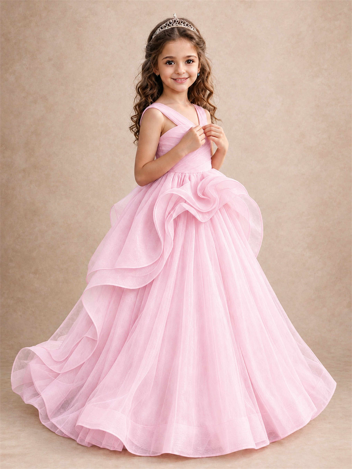 V Neck Girls Pageant Dress Ruffled Puffy Tulle Flower Girl Gown for Wedding Birthday Party