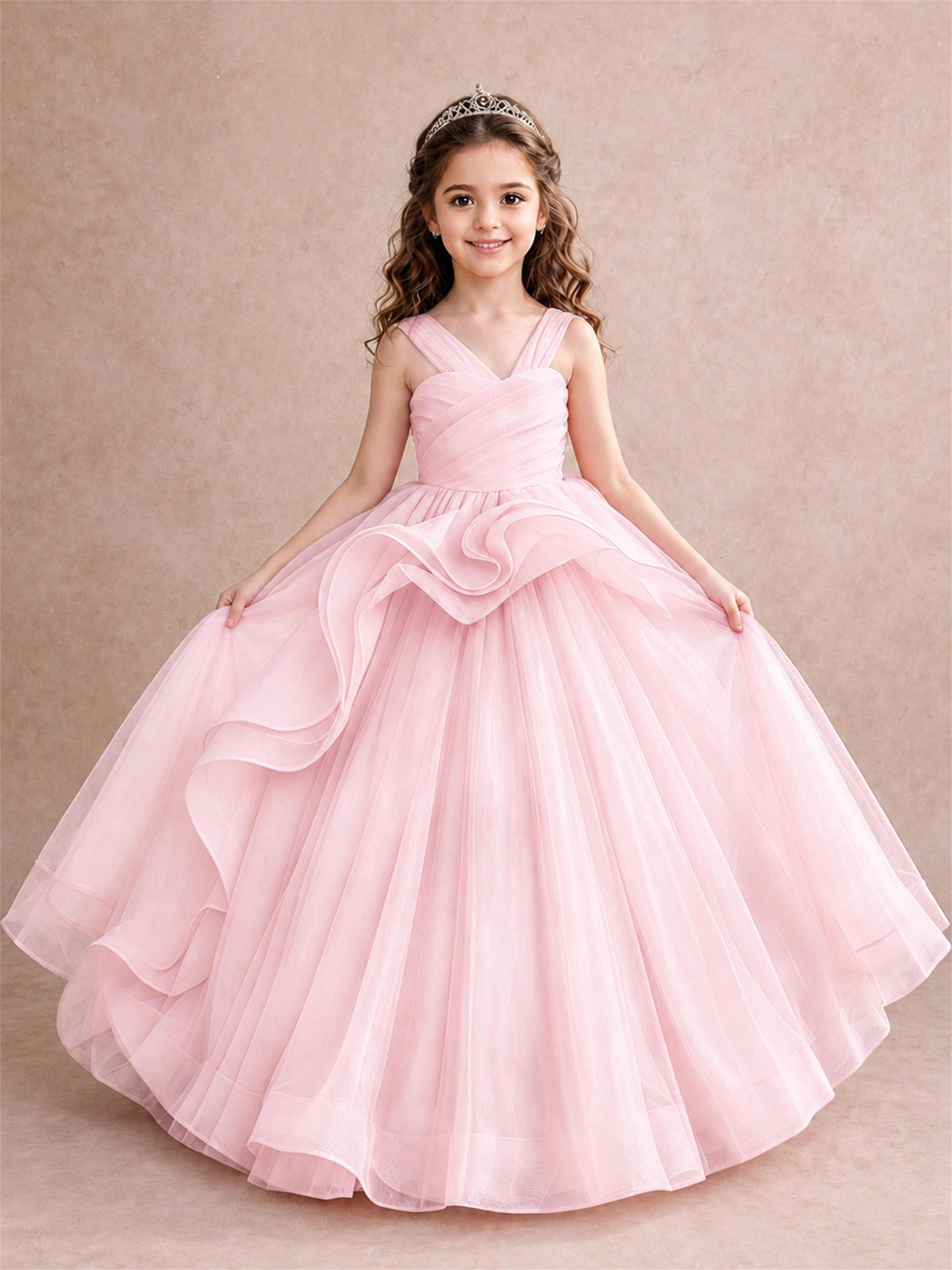 V Neck Girls Pageant Dress Ruffled Puffy Tulle Flower Girl Gown for Wedding Birthday Party