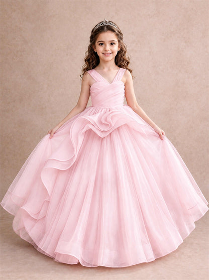 V Neck Girls Pageant Dress Ruffled Puffy Tulle Flower Girl Gown for Wedding Birthday Party