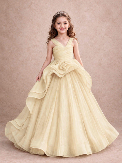 V Neck Girls Pageant Dress Ruffled Puffy Tulle Flower Girl Gown for Wedding Birthday Party