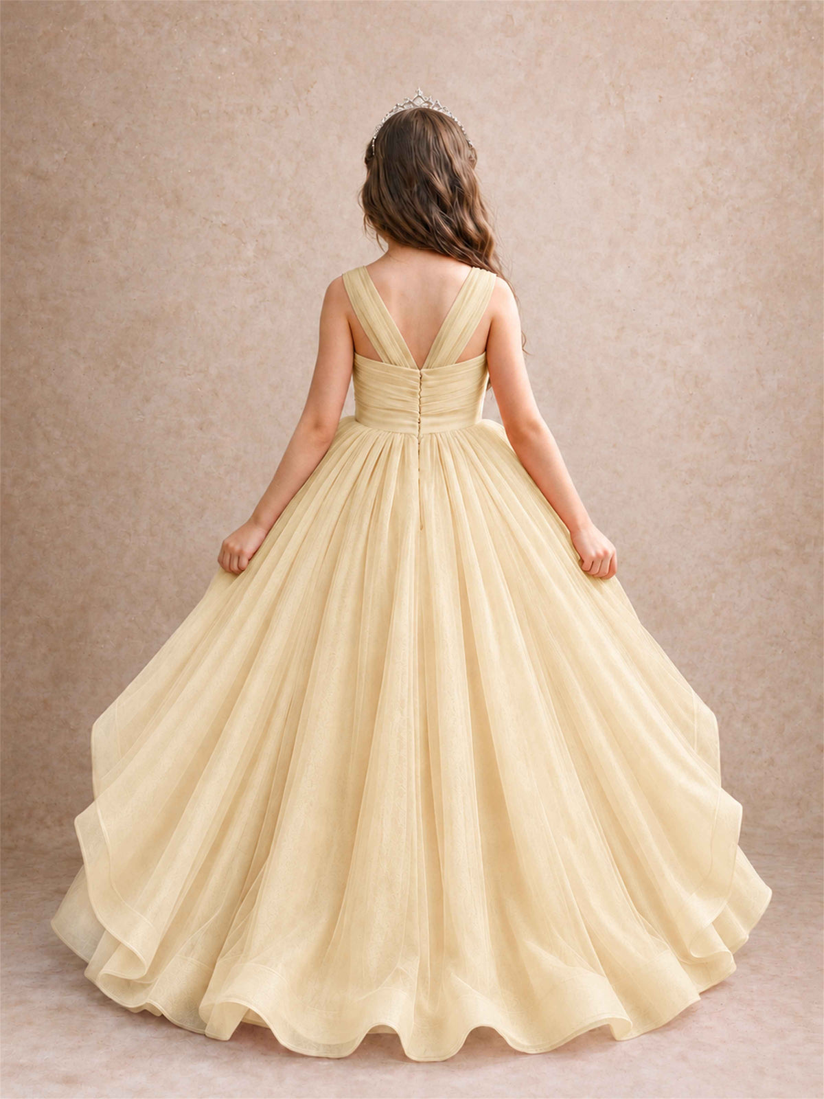 V Neck Girls Pageant Dress Ruffled Puffy Tulle Flower Girl Gown for Wedding Birthday Party