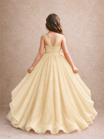 V Neck Girls Pageant Dress Ruffled Puffy Tulle Flower Girl Gown for Wedding Birthday Party