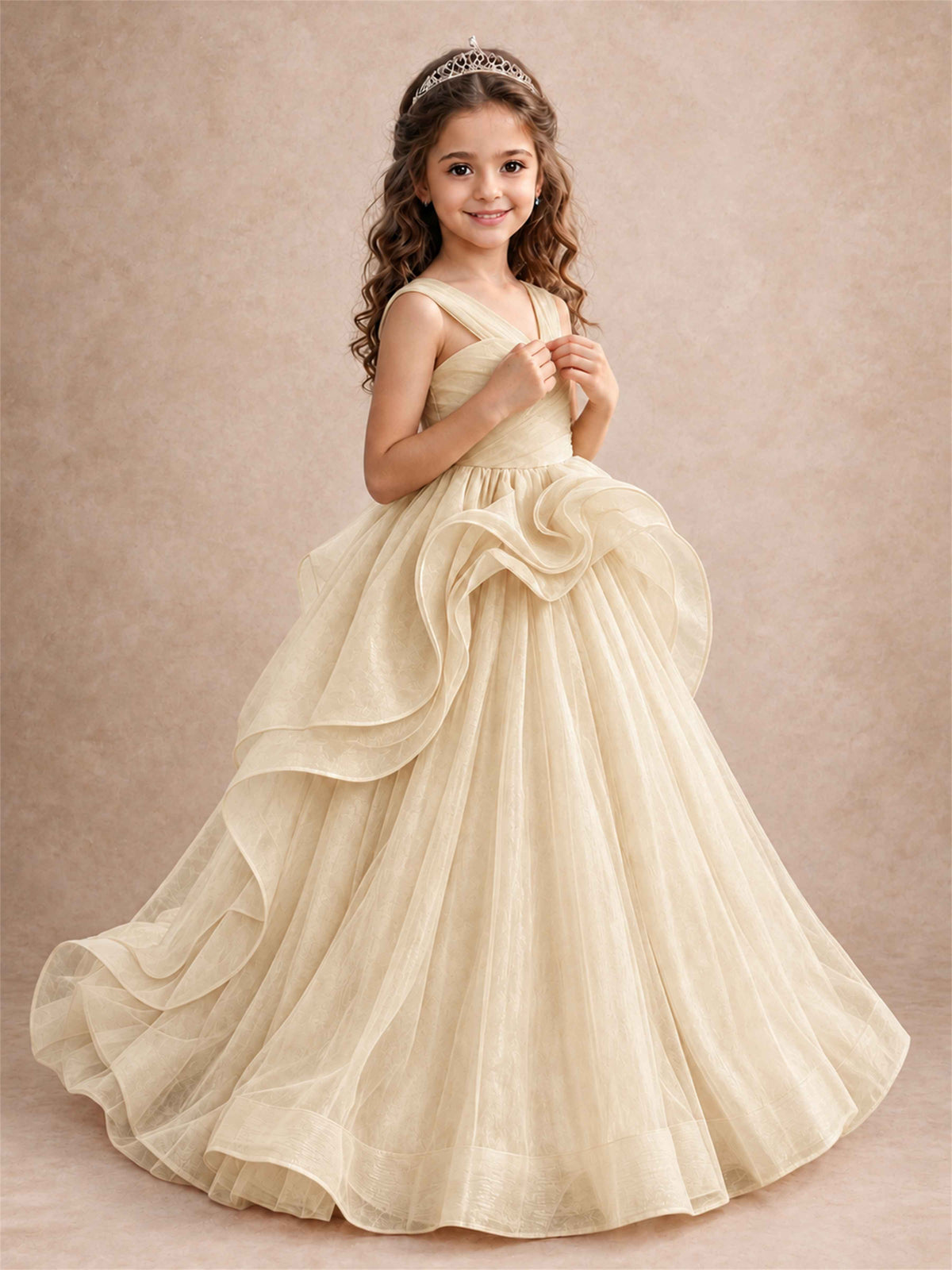 V Neck Girls Pageant Dress Ruffled Puffy Tulle Flower Girl Gown for Wedding Birthday Party