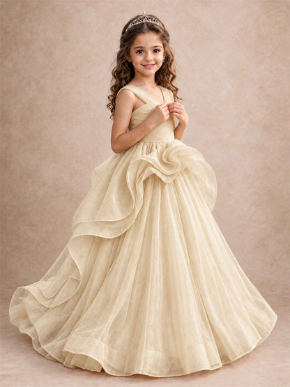 V Neck Girls Pageant Dress Ruffled Puffy Tulle Flower Girl Gown for Wedding Birthday Party