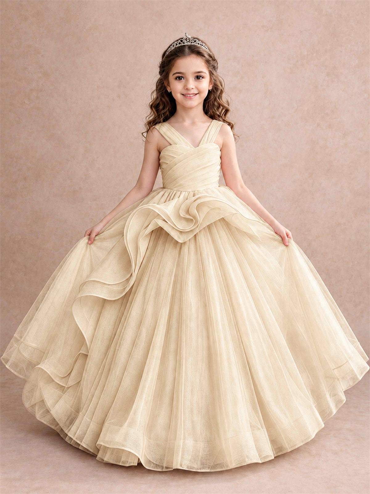 V Neck Girls Pageant Dress Ruffled Puffy Tulle Flower Girl Gown for Wedding Birthday Party