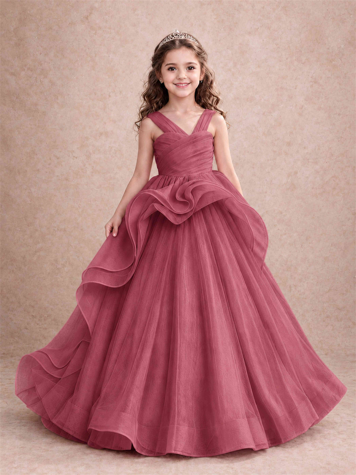 V Neck Girls Pageant Dress Ruffled Puffy Tulle Flower Girl Gown for Wedding Birthday Party
