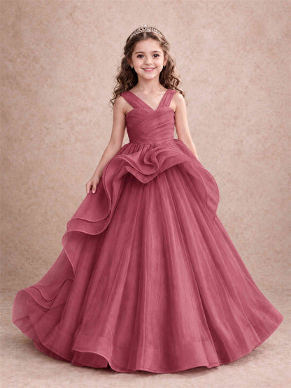 V Neck Girls Pageant Dress Ruffled Puffy Tulle Flower Girl Gown for Wedding Birthday Party
