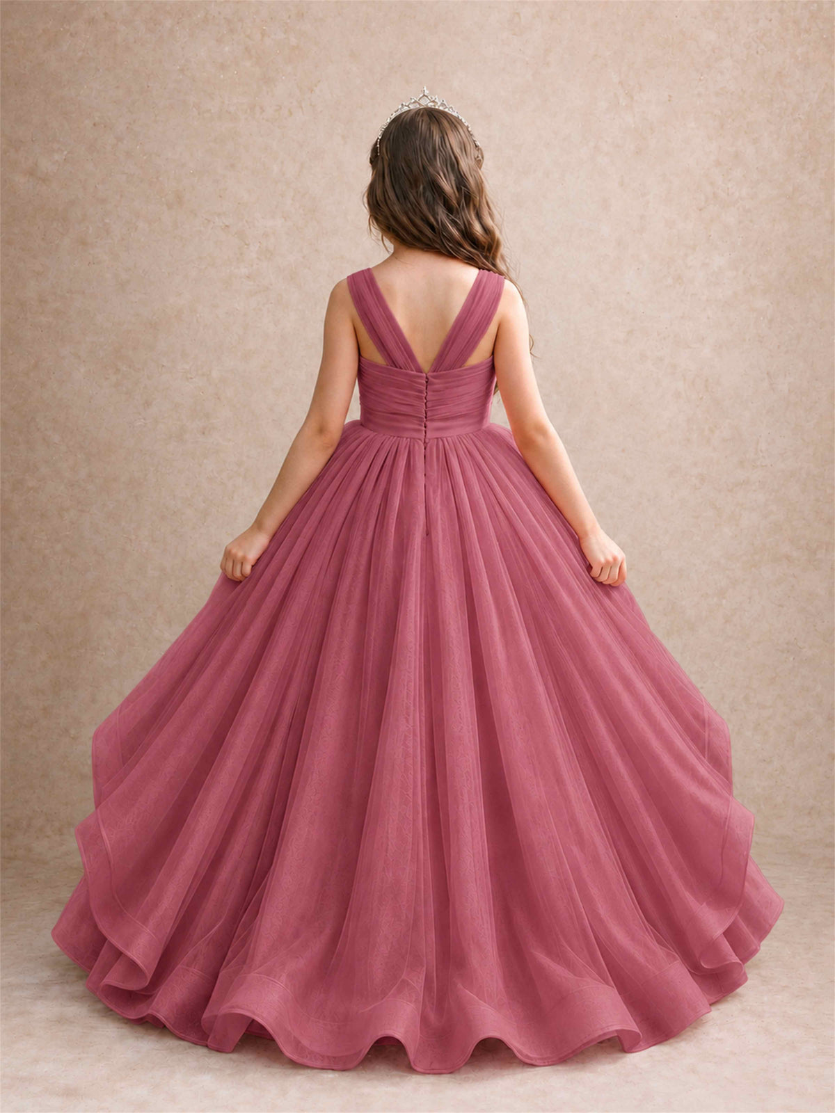 V Neck Girls Pageant Dress Ruffled Puffy Tulle Flower Girl Gown for Wedding Birthday Party
