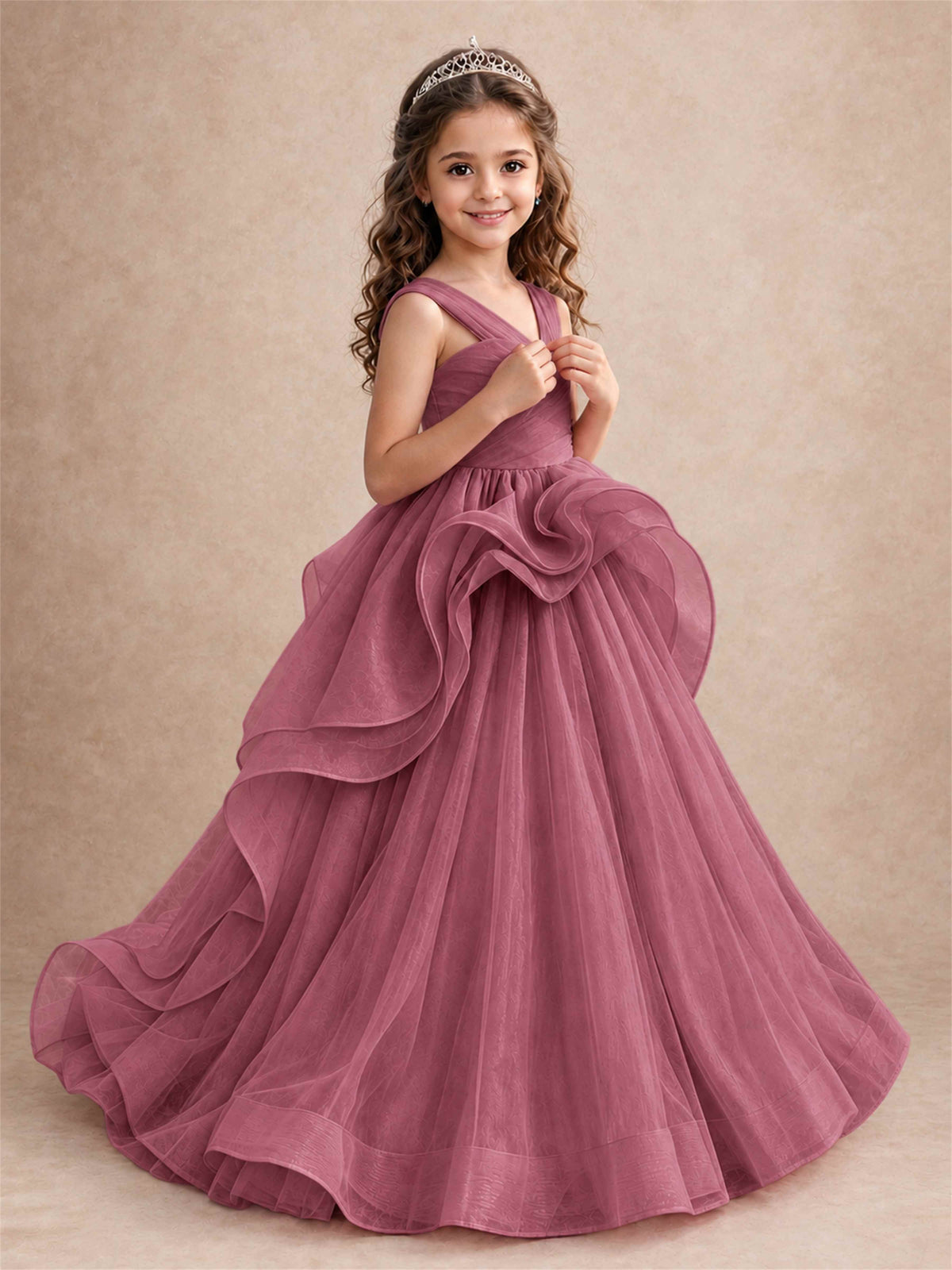 V Neck Girls Pageant Dress Ruffled Puffy Tulle Flower Girl Gown for Wedding Birthday Party