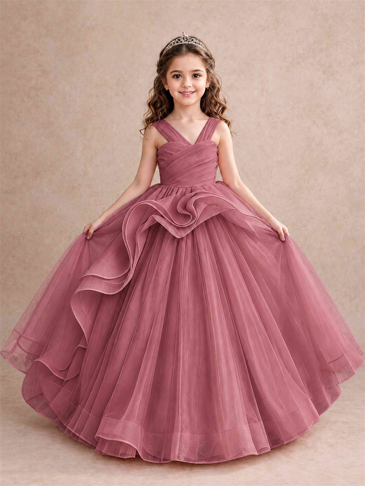 V Neck Girls Pageant Dress Ruffled Puffy Tulle Flower Girl Gown for Wedding Birthday Party