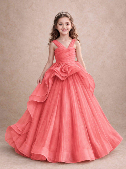 V Neck Girls Pageant Dress Ruffled Puffy Tulle Flower Girl Gown for Wedding Birthday Party