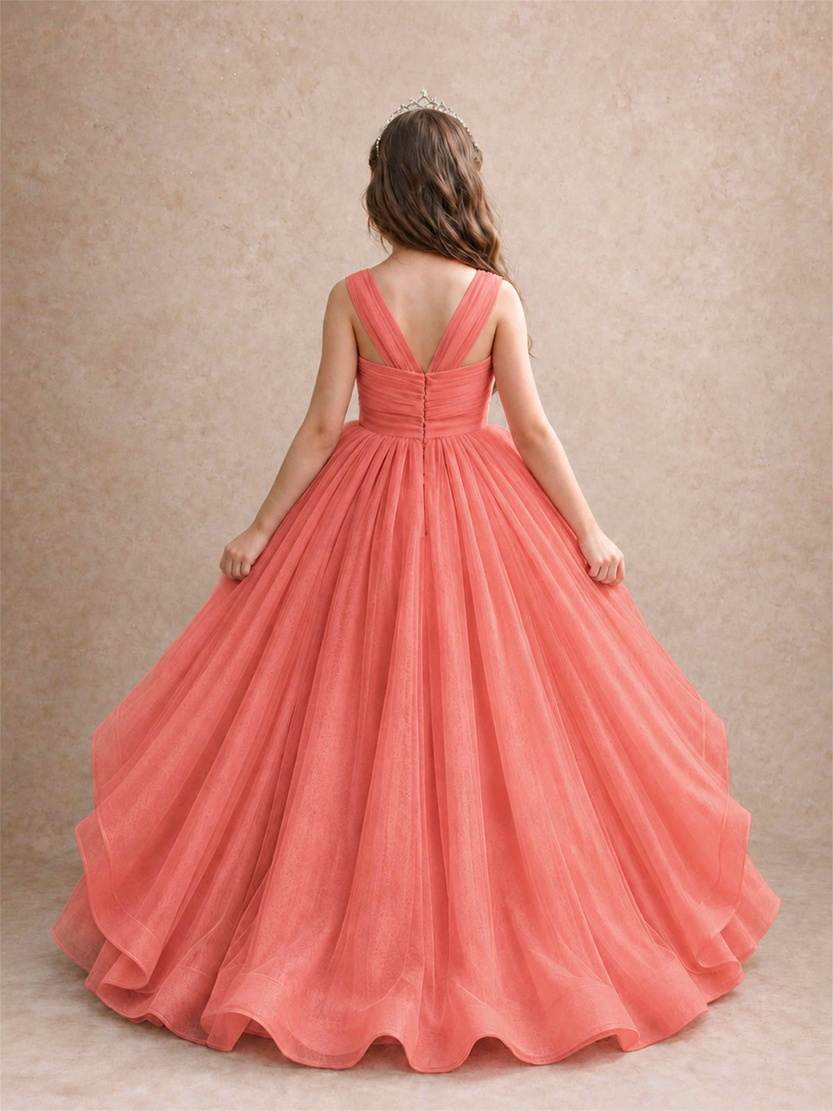 V Neck Girls Pageant Dress Ruffled Puffy Tulle Flower Girl Gown for Wedding Birthday Party