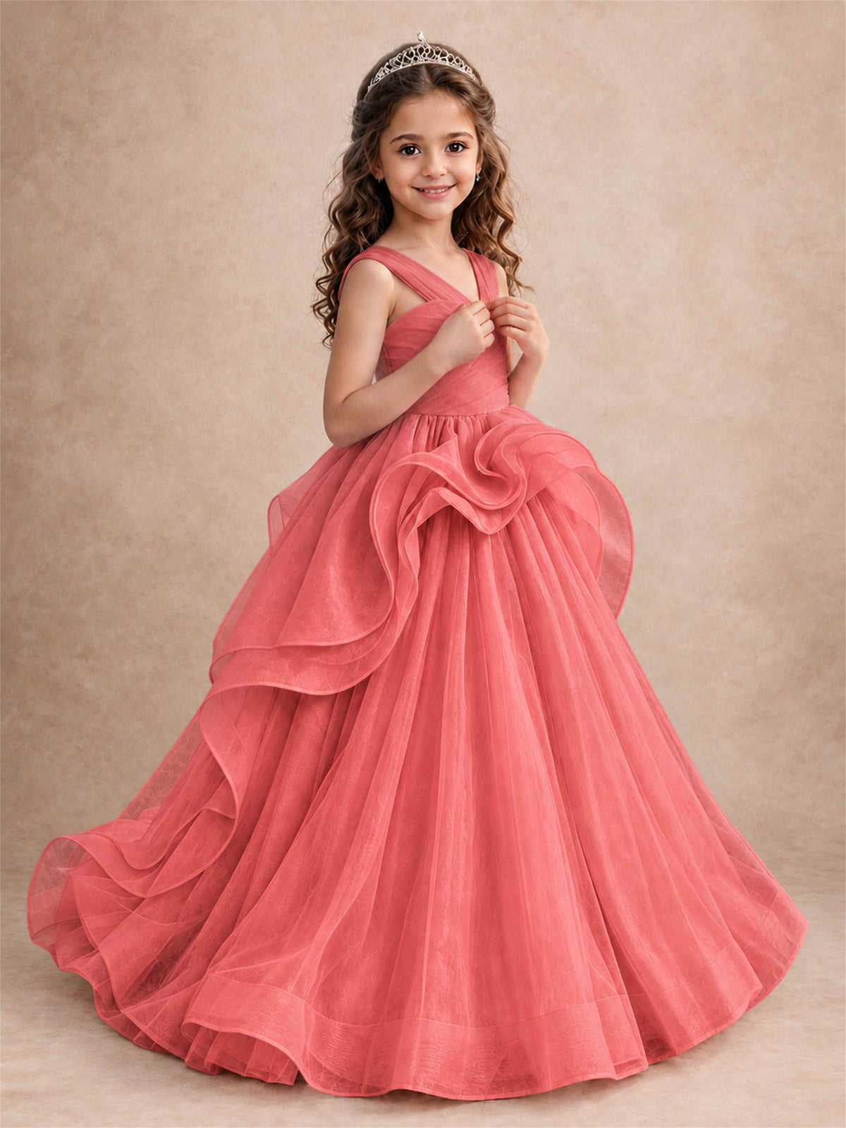 V Neck Girls Pageant Dress Ruffled Puffy Tulle Flower Girl Gown for Wedding Birthday Party