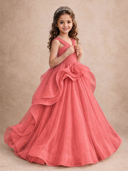V Neck Girls Pageant Dress Ruffled Puffy Tulle Flower Girl Gown for Wedding Birthday Party