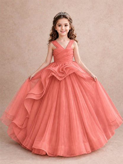 V Neck Girls Pageant Dress Ruffled Puffy Tulle Flower Girl Gown for Wedding Birthday Party
