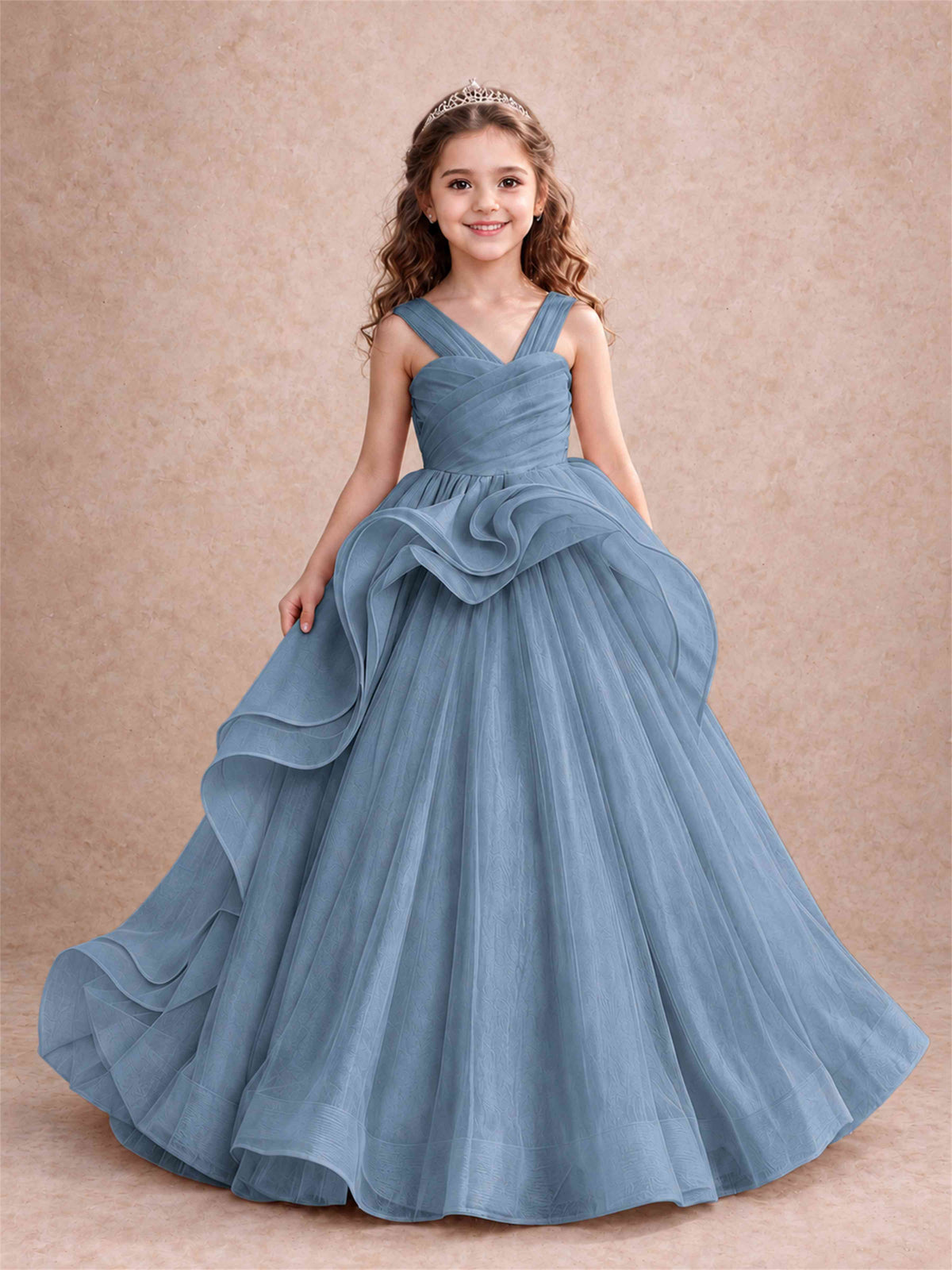 V Neck Girls Pageant Dress Ruffled Puffy Tulle Flower Girl Gown for Wedding Birthday Party