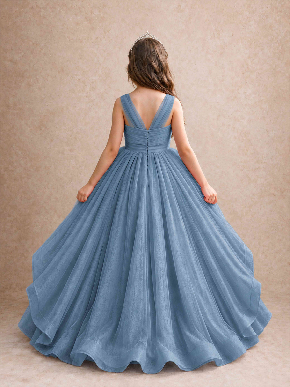 V Neck Girls Pageant Dress Ruffled Puffy Tulle Flower Girl Gown for Wedding Birthday Party