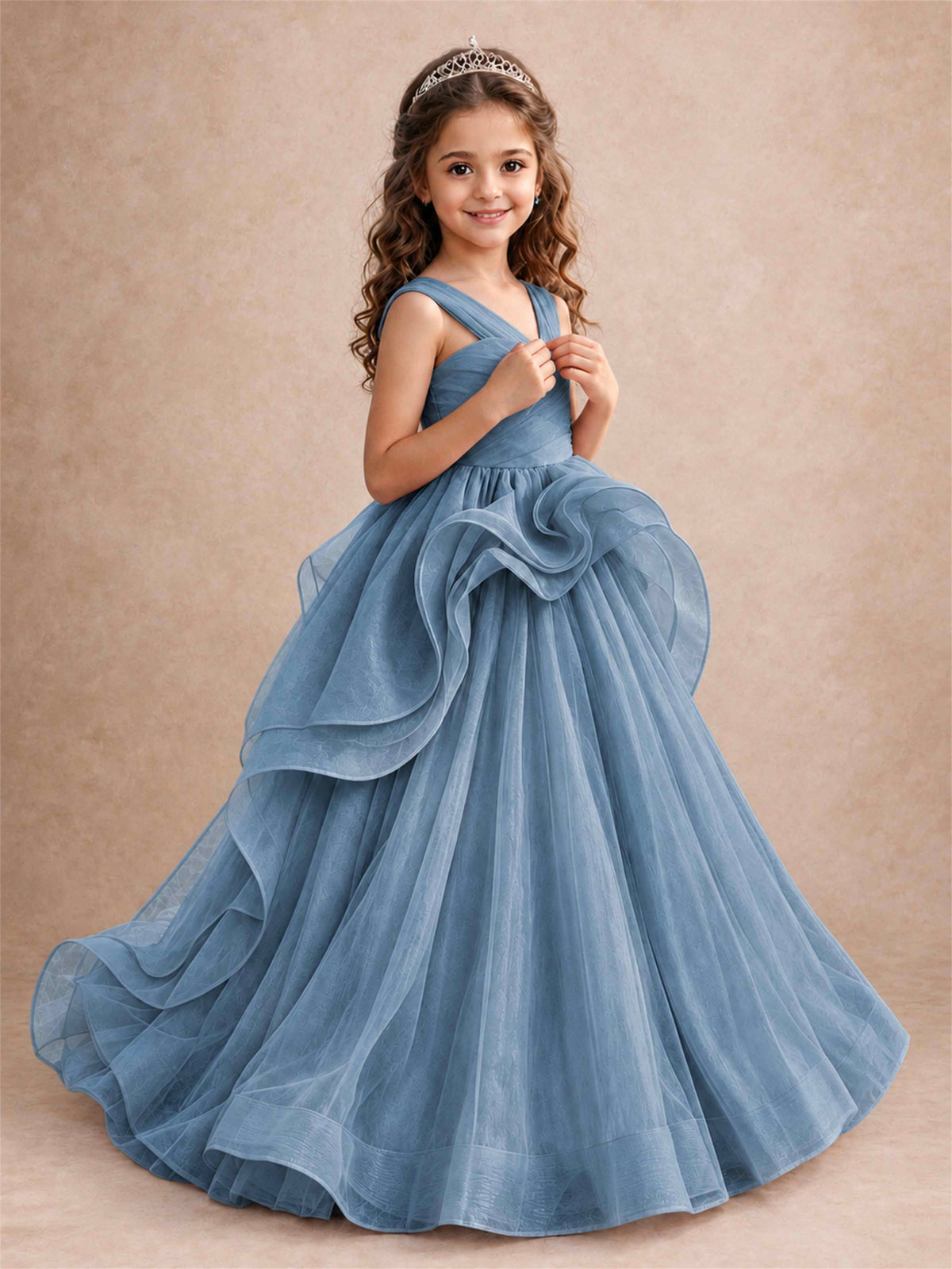 V Neck Girls Pageant Dress Ruffled Puffy Tulle Flower Girl Gown for Wedding Birthday Party