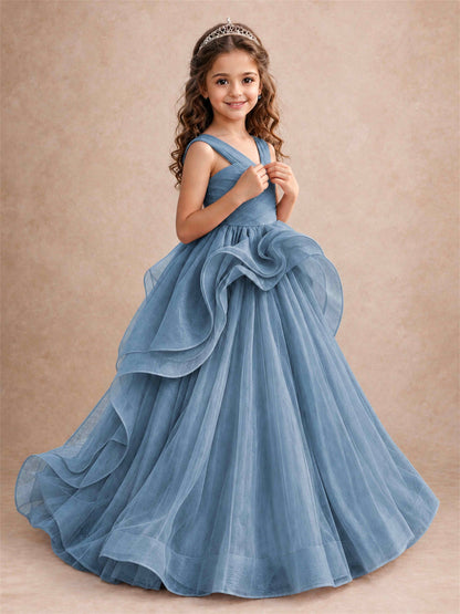 V Neck Girls Pageant Dress Ruffled Puffy Tulle Flower Girl Gown for Wedding Birthday Party