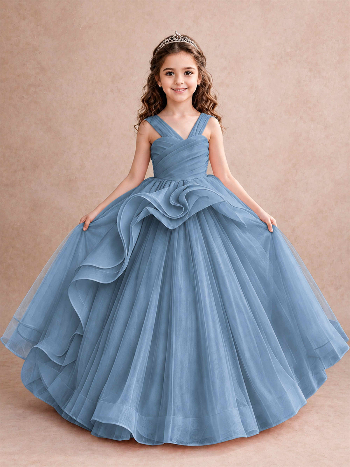 V Neck Girls Pageant Dress Ruffled Puffy Tulle Flower Girl Gown for Wedding Birthday Party