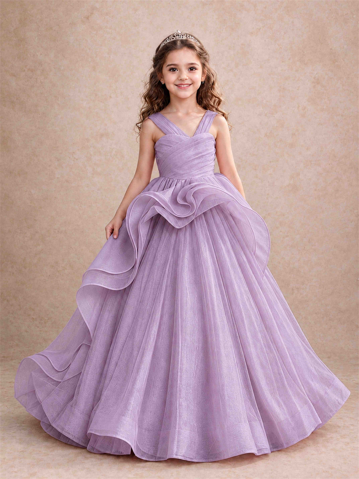 V Neck Girls Pageant Dress Ruffled Puffy Tulle Flower Girl Gown for Wedding Birthday Party