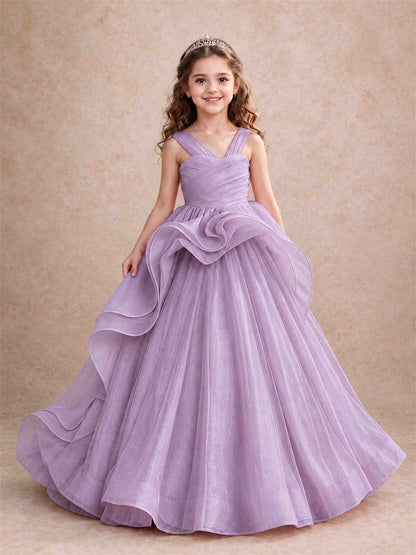 V Neck Girls Pageant Dress Ruffled Puffy Tulle Flower Girl Gown for Wedding Birthday Party