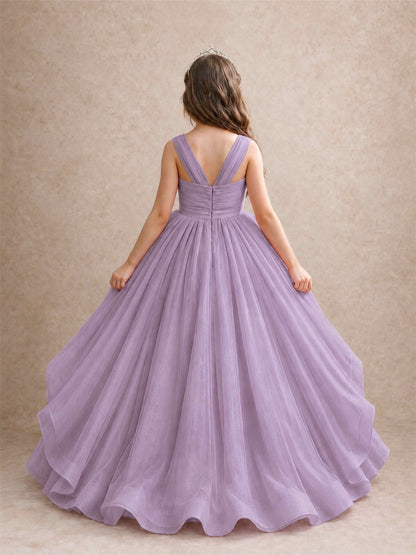 V Neck Girls Pageant Dress Ruffled Puffy Tulle Flower Girl Gown for Wedding Birthday Party
