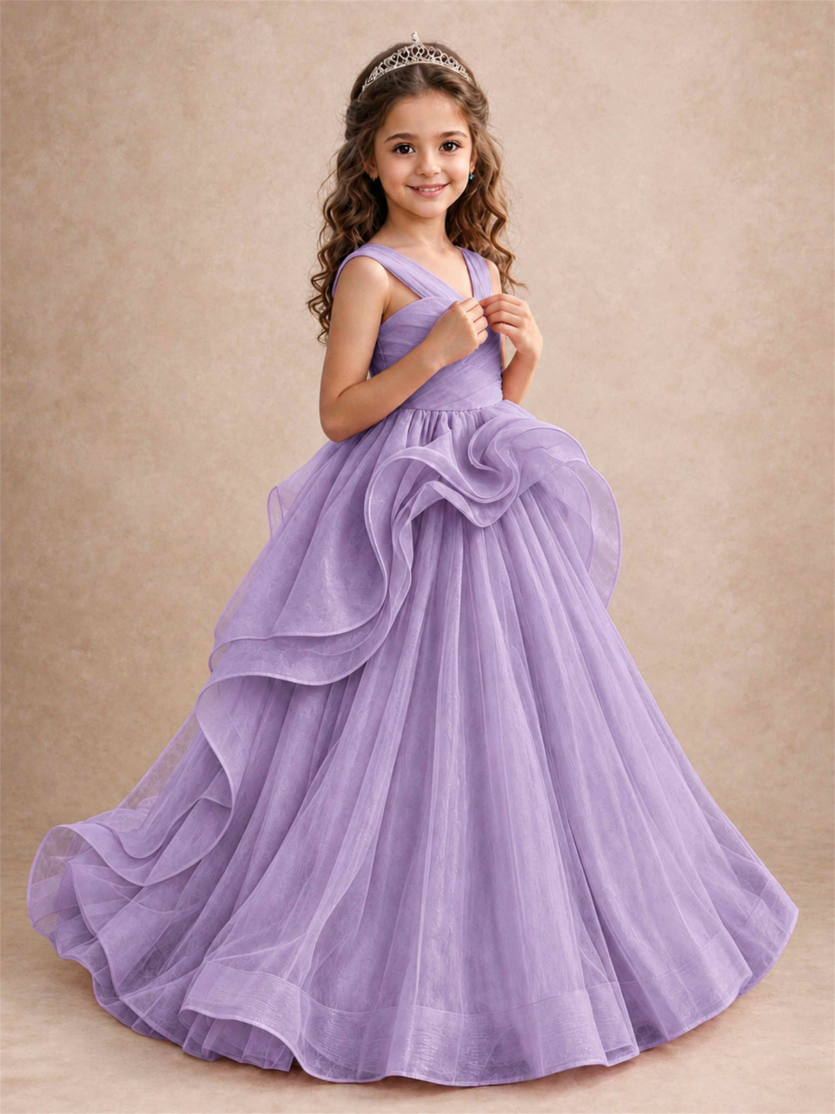 V Neck Girls Pageant Dress Ruffled Puffy Tulle Flower Girl Gown for Wedding Birthday Party