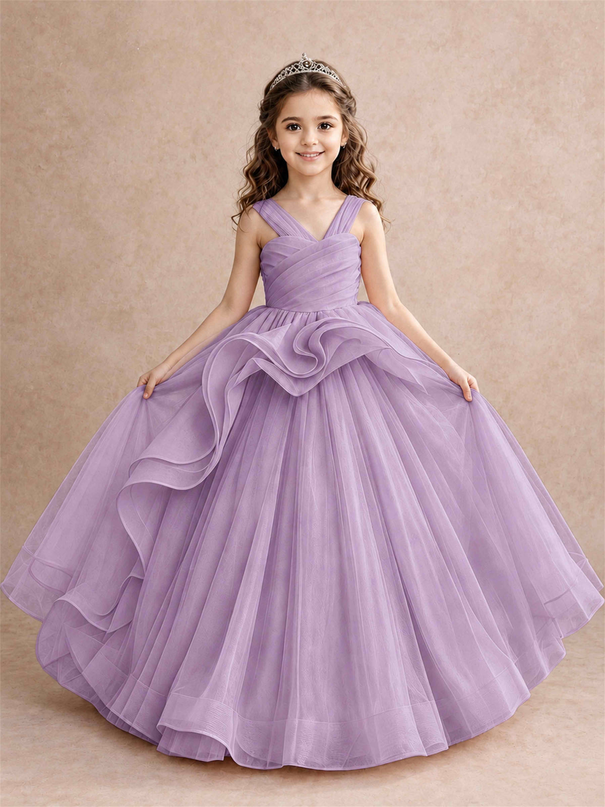 V Neck Girls Pageant Dress Ruffled Puffy Tulle Flower Girl Gown for Wedding Birthday Party