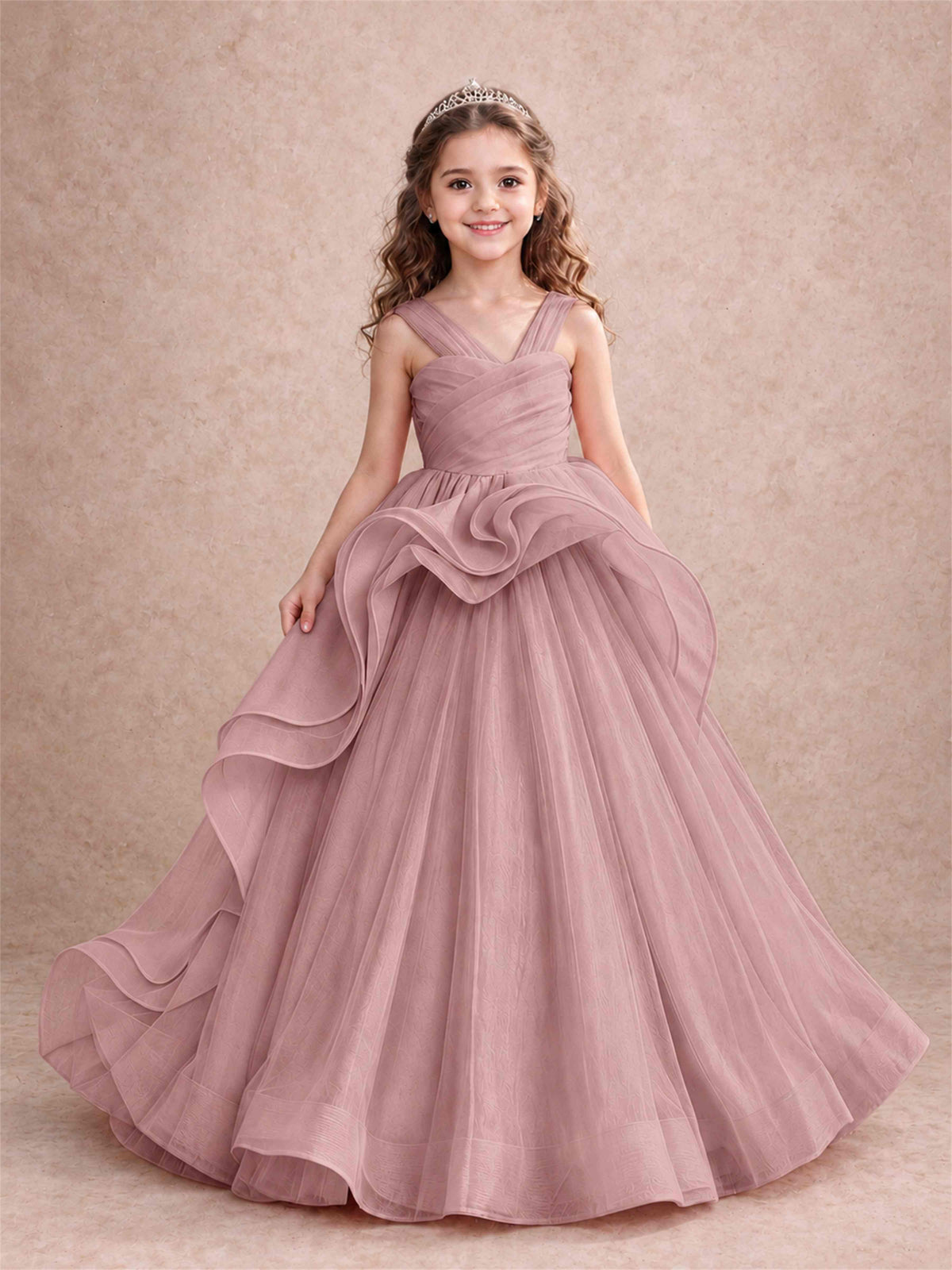 V Neck Girls Pageant Dress Ruffled Puffy Tulle Flower Girl Gown for Wedding Birthday Party