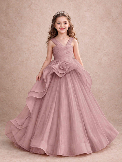 V Neck Girls Pageant Dress Ruffled Puffy Tulle Flower Girl Gown for Wedding Birthday Party
