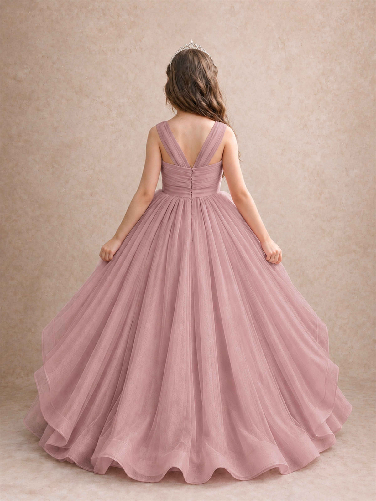 V Neck Girls Pageant Dress Ruffled Puffy Tulle Flower Girl Gown for Wedding Birthday Party