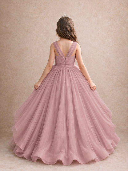 V Neck Girls Pageant Dress Ruffled Puffy Tulle Flower Girl Gown for Wedding Birthday Party
