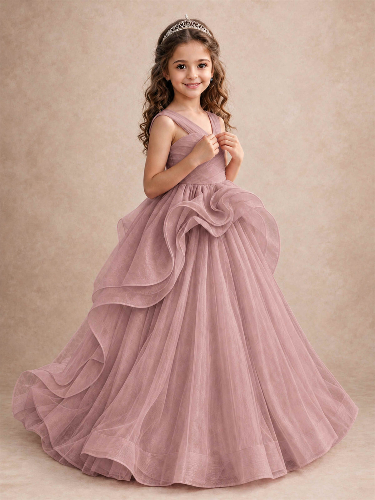 V Neck Girls Pageant Dress Ruffled Puffy Tulle Flower Girl Gown for Wedding Birthday Party