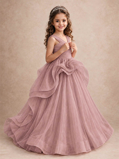 V Neck Girls Pageant Dress Ruffled Puffy Tulle Flower Girl Gown for Wedding Birthday Party