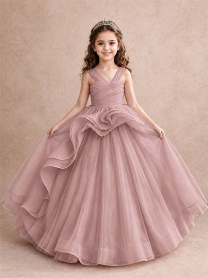 V Neck Girls Pageant Dress Ruffled Puffy Tulle Flower Girl Gown for Wedding Birthday Party